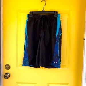 Champion Black w/ Teal & Multi Blue Trim Mens Swim Trunks, Size Small